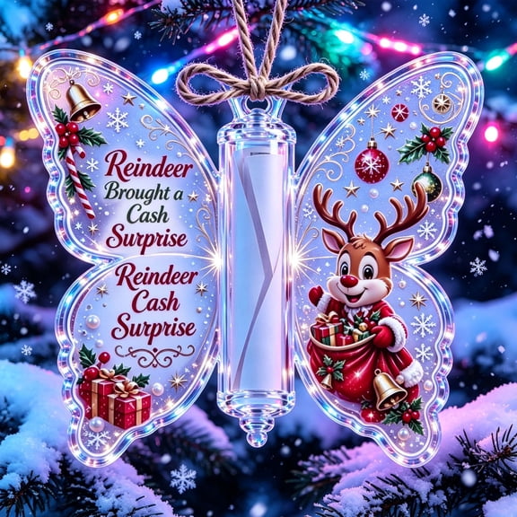 Acrylic Christmas Money Holder Ornament, Clear Acrylic Butterfly Rolled Cash Tube Holder, with Rolled Bill Slot for Xmas Tree Hanging Decor and Family Gifts