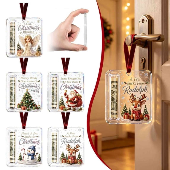 Acrylic Christmas Money Holder Ornaments for Cash Gifts, Santa Claus Design with Red Ribbon Hanging Tag for Holiday Tree, Door, and Gift Wrapping, 1 Pack
