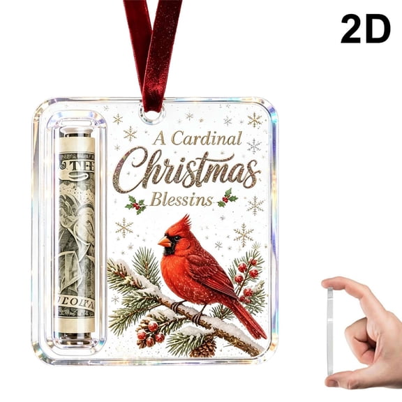 Acrylic Christmas Money Holders Ornament, Holiday Cash Gift Holder Hanging Ornaments Money Holders for Xmas Party, Cash Capsule with Ribbon for Holiday Giving-cardinal