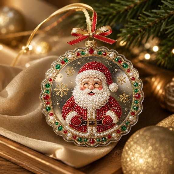 Acrylic Christmas Ornaments DIY Pearl Art Kits for Adults, Santa Claus Hanging Diamond Art Christmas Ornaments Set with Pearls, Special-Shaped Gems & Velvet Ribbon, Christmas Decor Craft