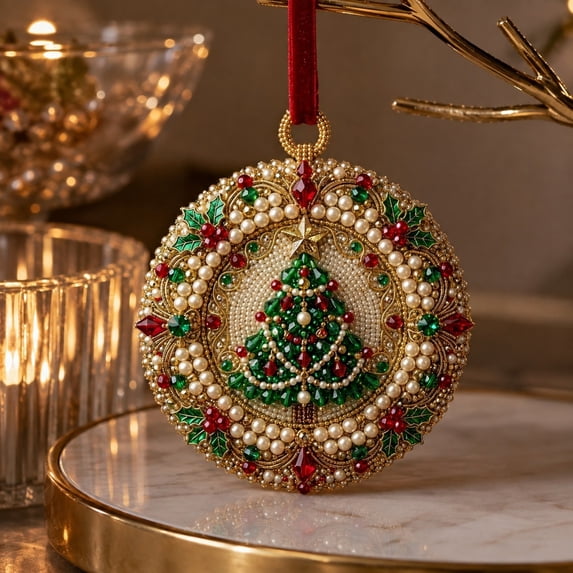 Acrylic Christmas Ornaments DIY Pearl Art Kits for Adults, Tree Patterns Hanging Diamond Art Christmas Ornaments Set with Pearls, Special-Shaped Gems & Velvet Ribbon, Christmas Decor Craft