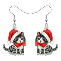 Acrylic Christmas Red Bow Tie Cute Cat Earrings Dangle Jewelry Charms For Women Animals Lovers Gifts