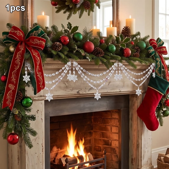 Acrylic Christmas Tree Ornament Decor 3-Layer Crystal Bead Garland, 19.7in Lightweight Hanging Swag with Snowflakes Ice Cones, Draping Decoration for Tree Mantel Fireplace