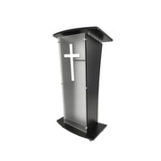 Acrylic Church Podium Pulpit Debate Conference Lectern Plexiglass Lucite Black Wood Shelf Cup Holder on Wheels with White Cross 1803-5-BLACK+1803CROSS-SL
