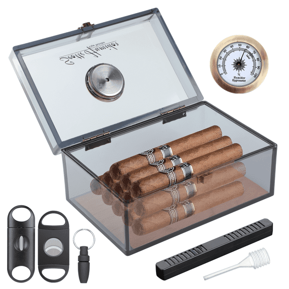 Acrylic Cigar Humidors Cigar Storage Box with Hygrometer and Humidifier, Portable Cigar Travel Case with Cigar Cutters Cigar Punch Accessories,Hold 20 Cigars