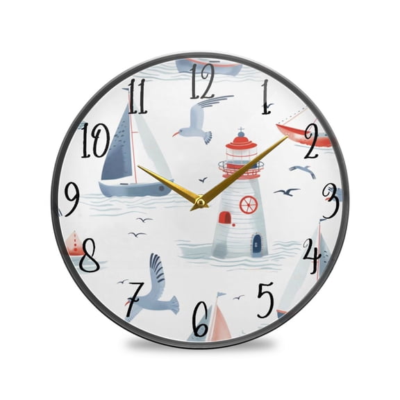 Acrylic Circular Clock 9.5x9.5 Inch Circular Clock Decorative Clock Creative Clock Dual-Purpose Clock Wall Clock Clock Decorate Your Space Blue Sailing Lighthouse