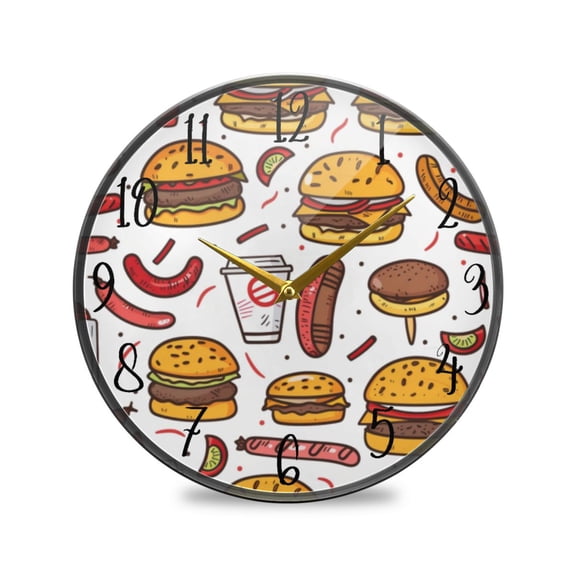 Acrylic Circular Clock 9.5x9.5 Inch Circular Clock Decorative Clock Creative Clock Dual-Purpose Clock Wall Clock Clock Decorate Your Space Cartoon Burger Sausage