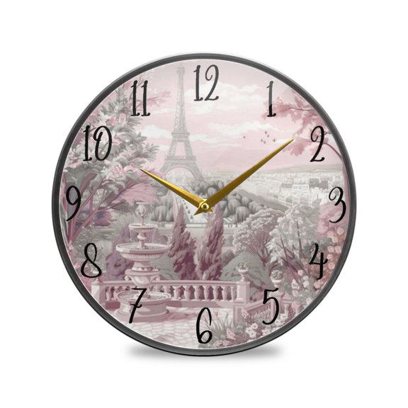 Acrylic Circular Clock 9.5x9.5 Inch Circular Clock Decorative Clock Creative Clock Dual-Purpose Clock Wall Clock Clock Decorate Your Space Pink Flowers and The Eiffel Tower