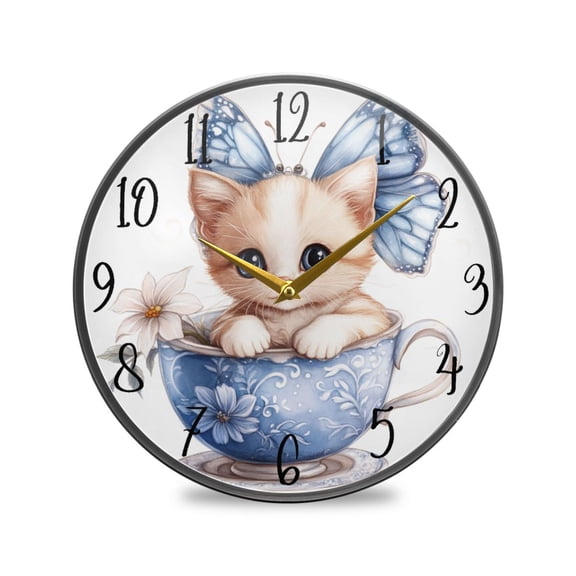 Acrylic Circular Clock 9.5x9.5 Inch Circular Clock Decorative Clock Creative Clock Dual-Purpose Clock Wall Clock Clock Decorate Your Space Teacup Cute Cat