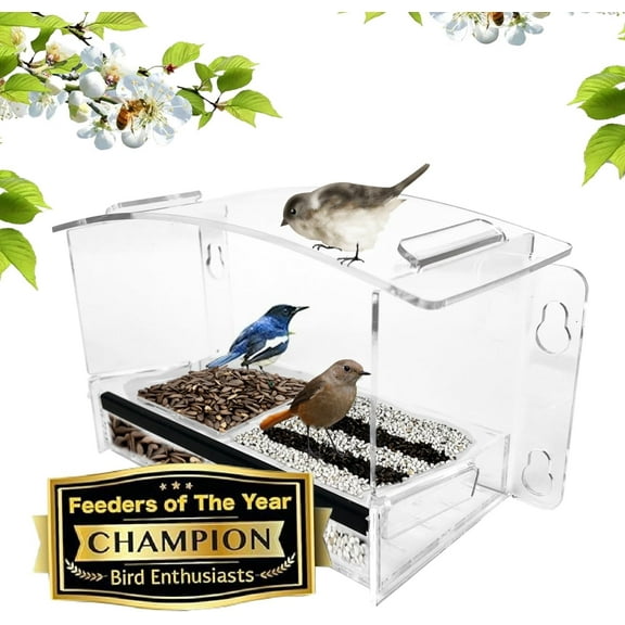 Acrylic Clear Bird Feeder for Window Viewing - Weather Resistant & Easy to Clean with Sliding Tray, -Friendly Dome Design