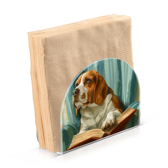 Acrylic Clear Cocktail Napkin Holder 2 Pack 4.1x4.9x2 inch Beagle Dog Read Book on Chair