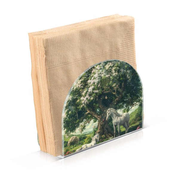 Acrylic Clear Cocktail Napkin Holder 4.1x4.9x2 inch Beautiful Tree with Unicorn