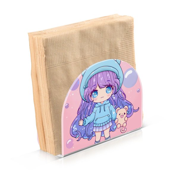 Acrylic Clear Cocktail Napkin Holder 4.1x4.9x2 inch Cute Girl Holding Bear