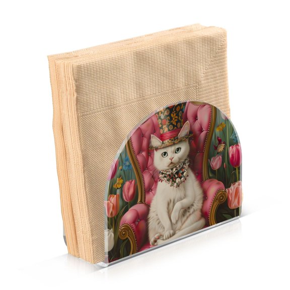 Acrylic Clear Cocktail Napkin Holder 4.1x4.9x2 inch Elegant Cat and Tulip Flower