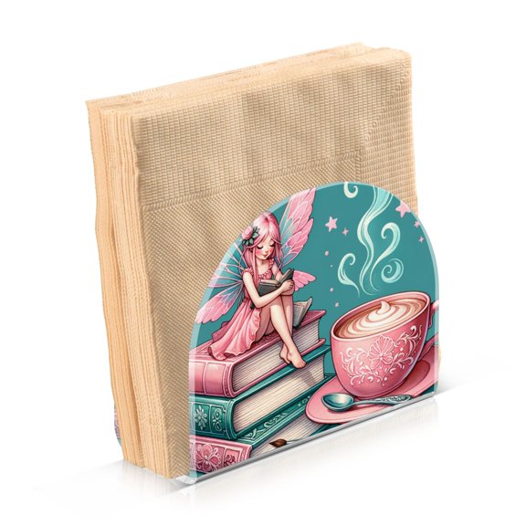 Acrylic Clear Cocktail Napkin Holder 4.1x4.9x2 inch Fairy Sitting Book and Coffee