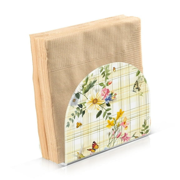 Acrylic Clear Cocktail Napkin Holder 4.1x4.9x2 inch Flowers and Butterflies on Plaid