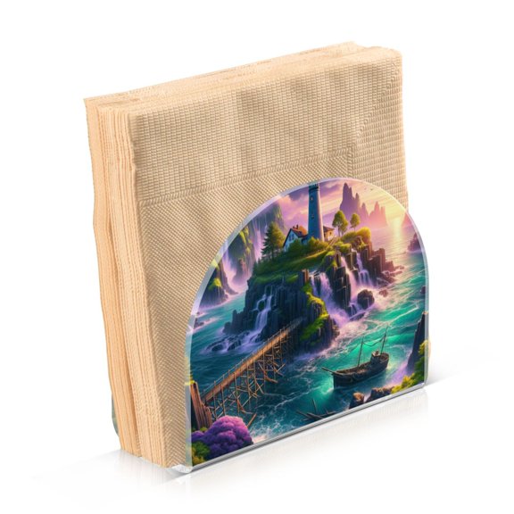 Acrylic Clear Cocktail Napkin Holder 4.1x4.9x2 inch Lighthouse on Island and Bridge