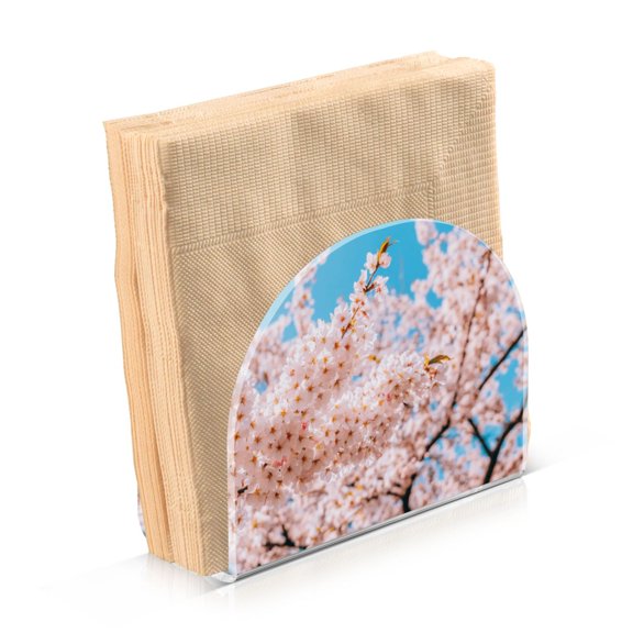 Acrylic Clear Cocktail Napkin Holder 4.1x4.9x2 inch Pink Cherry Flowers Tree