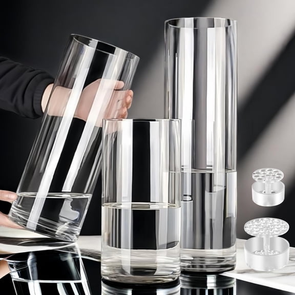 Acrylic Clear Cylinder Vase Set Unbreakable Plastic Vases | Shatterproof Hurricane Vases with Spiral Ikebana Stem Holder Ring, for Wedding Centerpieces Flower Bouquet Decor