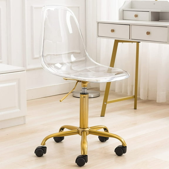 Acrylic Clear Desk Chair, Modern Small Rolling Cute Armless Vanity Plastic Chair Home Office Lucite Ghost Chairs with Wheels and Adjustable Height, Clear
