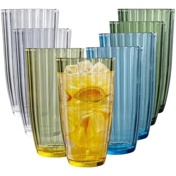 Acrylic Clear Highball Plastic Cups | Plastic Reusable Tumblers 20oz (Set of 8) | Stackable | BPA-free Tumblers | Shatterproof | Top-rack Dishwasher Safe