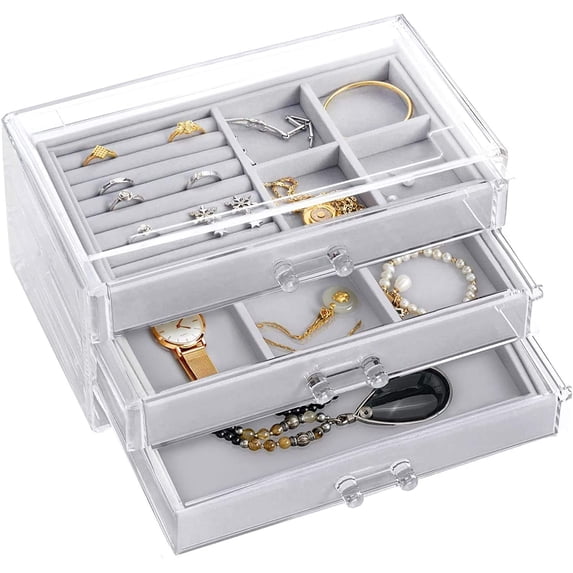 Acrylic Clear Jewelry Organizer Box 3 Drawers, Velvet Jewelry Storage, Earring Rings Necklaces Bracelets Storage Display Case Gift for Women, Girls