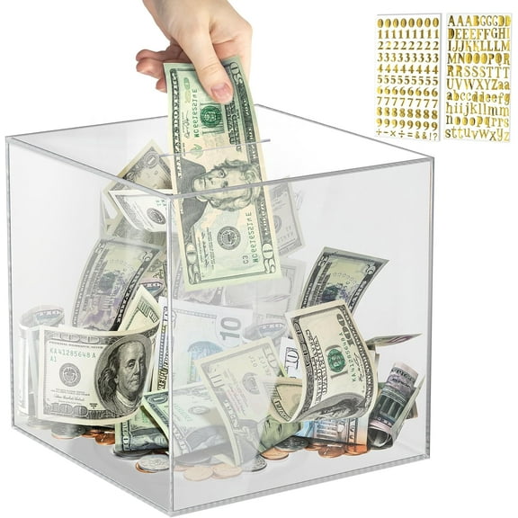 Acrylic Clear Piggy Bank Money Saving Box for Cash Saving, Must Break to Open, 1.4L Capacity, Clear Cube, Unisex, Adults and Children