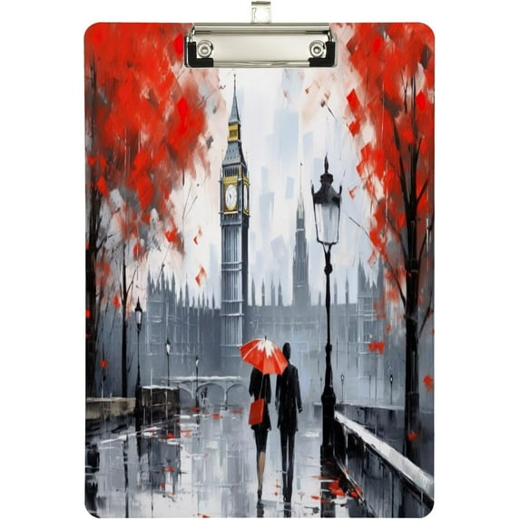 Acrylic Clipboards with Low Profile Clip, A4 Standard Size 9" x 12.5" File Holder for Writing Drawing, Clip Boards for Doctors Offices, Red Umbrella and Big Ben Gifts