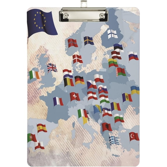 Acrylic Clipboards with Low Profile Clip, A4 Standard Size 9" x 12.5" File Holder for Writing Drawing, Clip Boards for Doctors Offices, World Map EU Country Flag Gifts