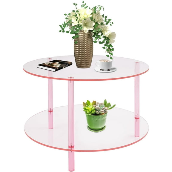 Acrylic Coffee Table, 23.6" D x 16.5" H Small Round Modern Coffee Table with Storage Round Coffee Tables Load up to 88Lbs for Living Room, Bedroom, Office (Pink)