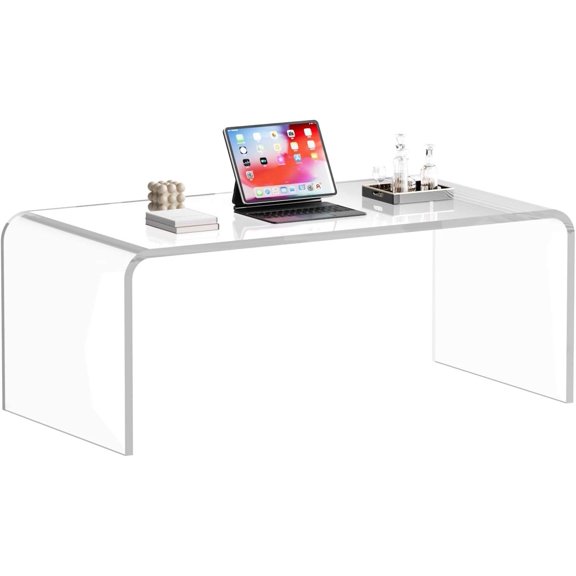 Acrylic Coffee Table, 35.5" D x 17.8" W x 13.8" H, Clear Rectangle Waterfall Design for Living Room or Office