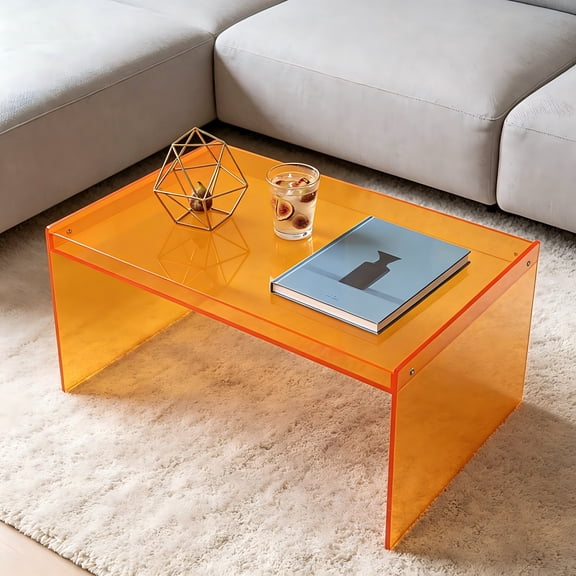 Acrylic Coffee Table, Acrylic Side Table Rectangle Coffee Table, Modern Waterfall Coffee Table End Table for Living Room, Bedroom, Office, Cafe, Orange