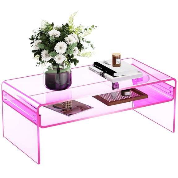 Acrylic Coffee Table for Living Room Clear Rectangle Lucite Table with Open Storage Shelf (1, Pink, Large)