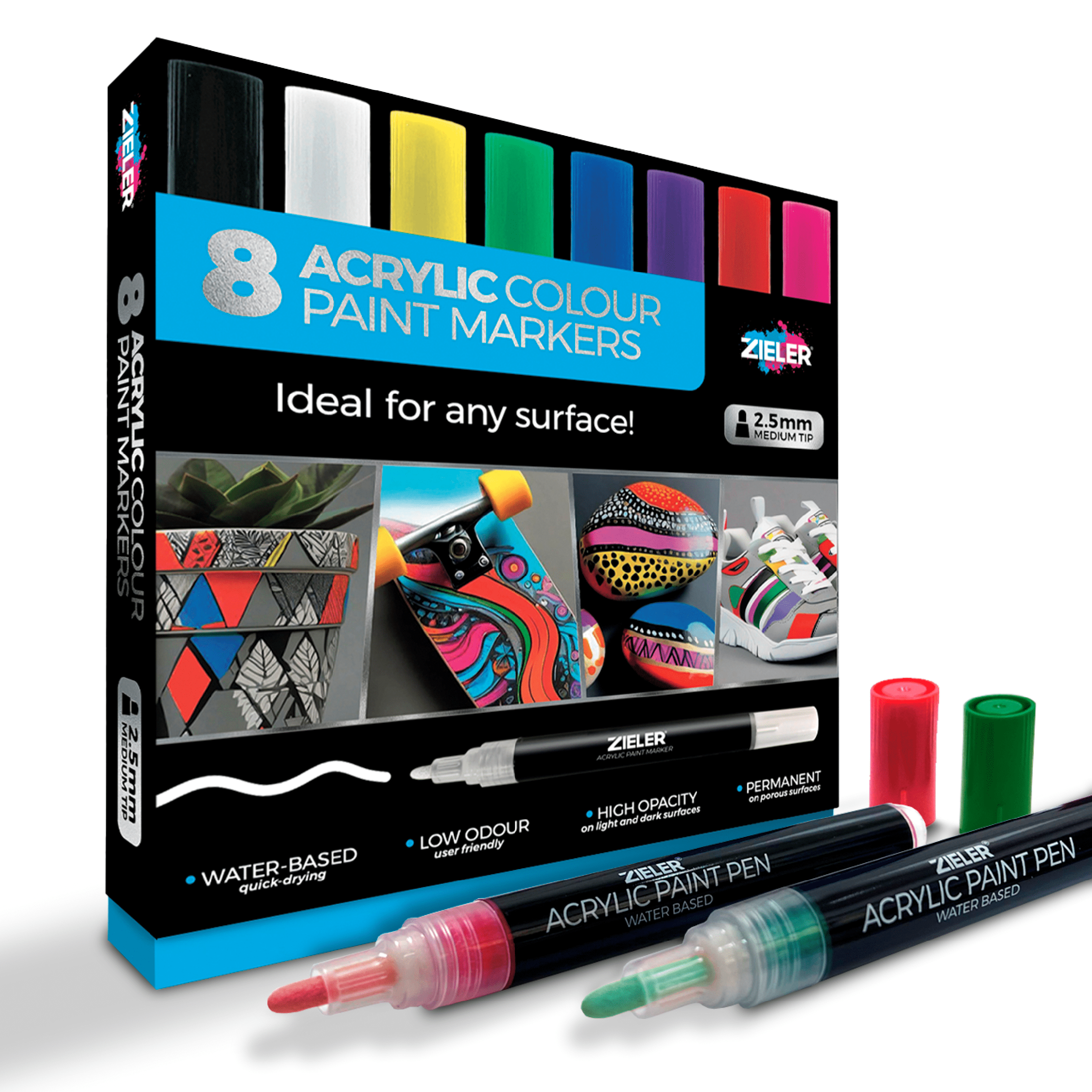 Zieler Pens, Set of 8 Assorted Bright Colors with Medium Tip (2.5mm), 8 ...