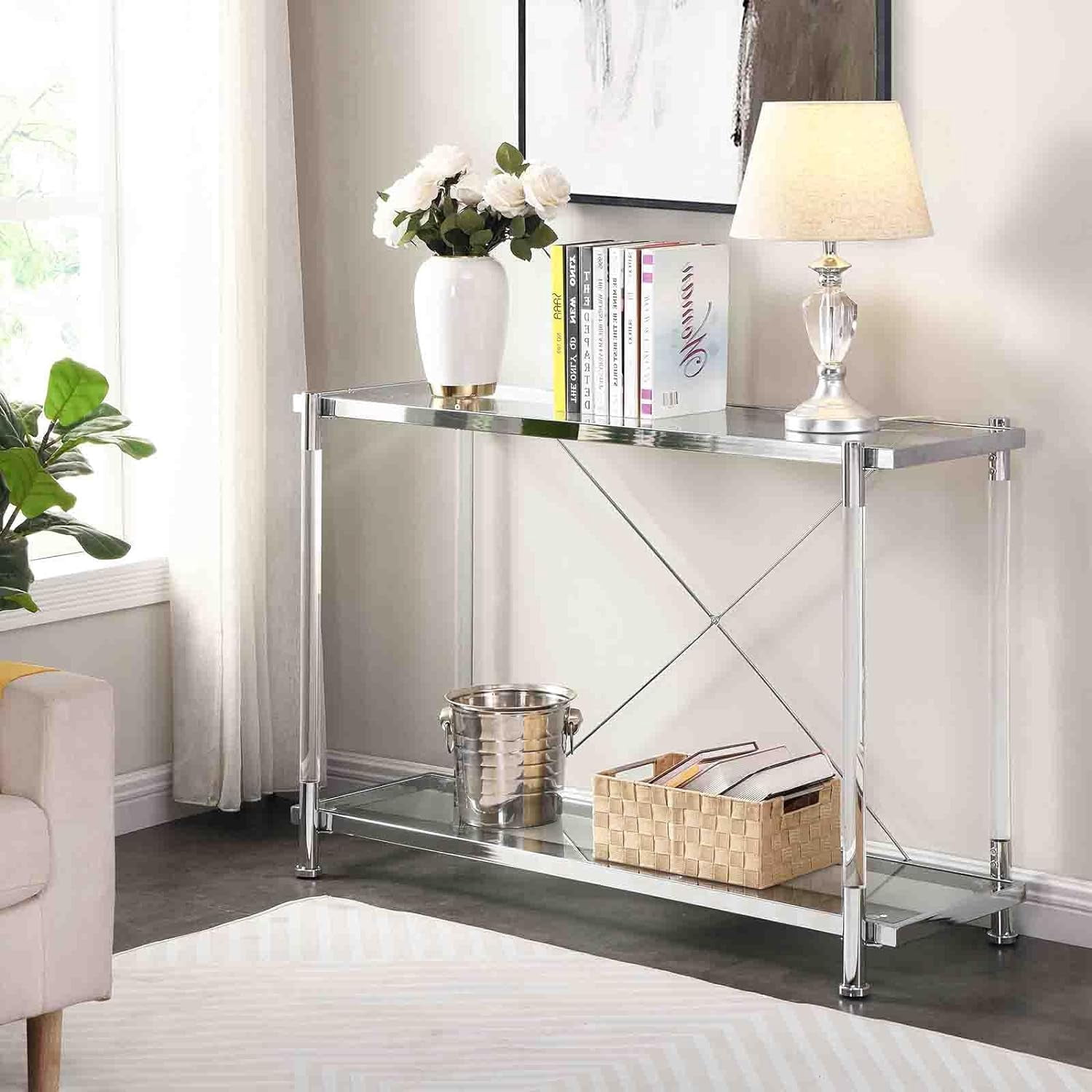 Acrylic Console Table,Small Glass Entryway Table with Storage Shelves,Couch Side Table 2 Tier ...