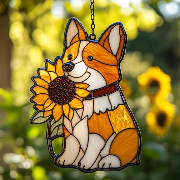 Acrylic Corgi Acrylic Suncatcher, Acrylic Sunflower Window Hanging, Acrylic Dog Decor