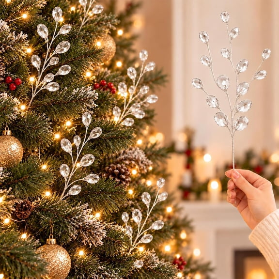 Acrylic Crystal Christmas Tree Picks, Branches with Bead Drop, Bendable Wire Stems with Sparkly Glittery Beads, Fills Tree Gaps for Wreath Garland Vase Centerpieces DIY