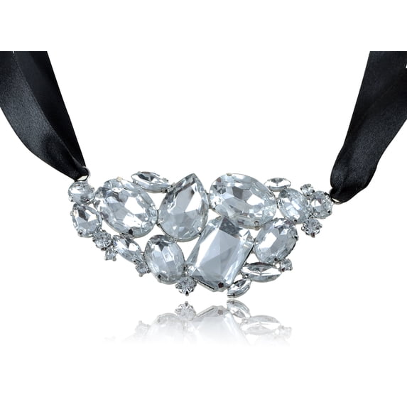 Acrylic Crystal Gem Bead Jewel Cluster Mini Bib Ribbon Fashion Costume Necklace