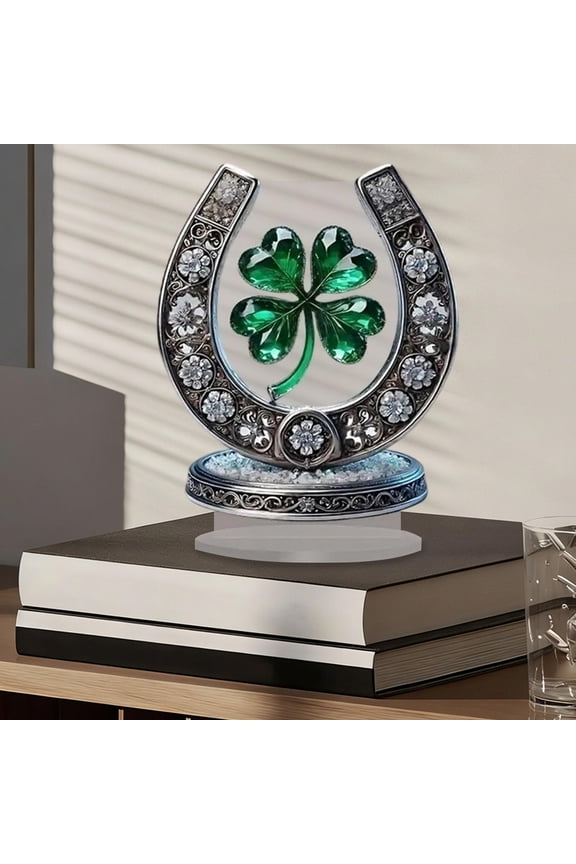 Acrylic Crystal Horseshoe and Four-Leaf Clover Ornament,2D Flat Crystal and Floral Design,Lucky Charm Desktop Decoration for Living Room and Office,Thoughtful Gift for St. Patrick's Day-A
