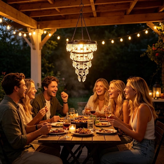 Acrylic Solar Chandelier IP44 Waterproof Outdoor Tiered Cascading Hanging Pendant Light Adjustable Chain Auto Dusk To Dawn Warm LED Lighting for Gazebo Pergola Patio Porch Balcony Garden