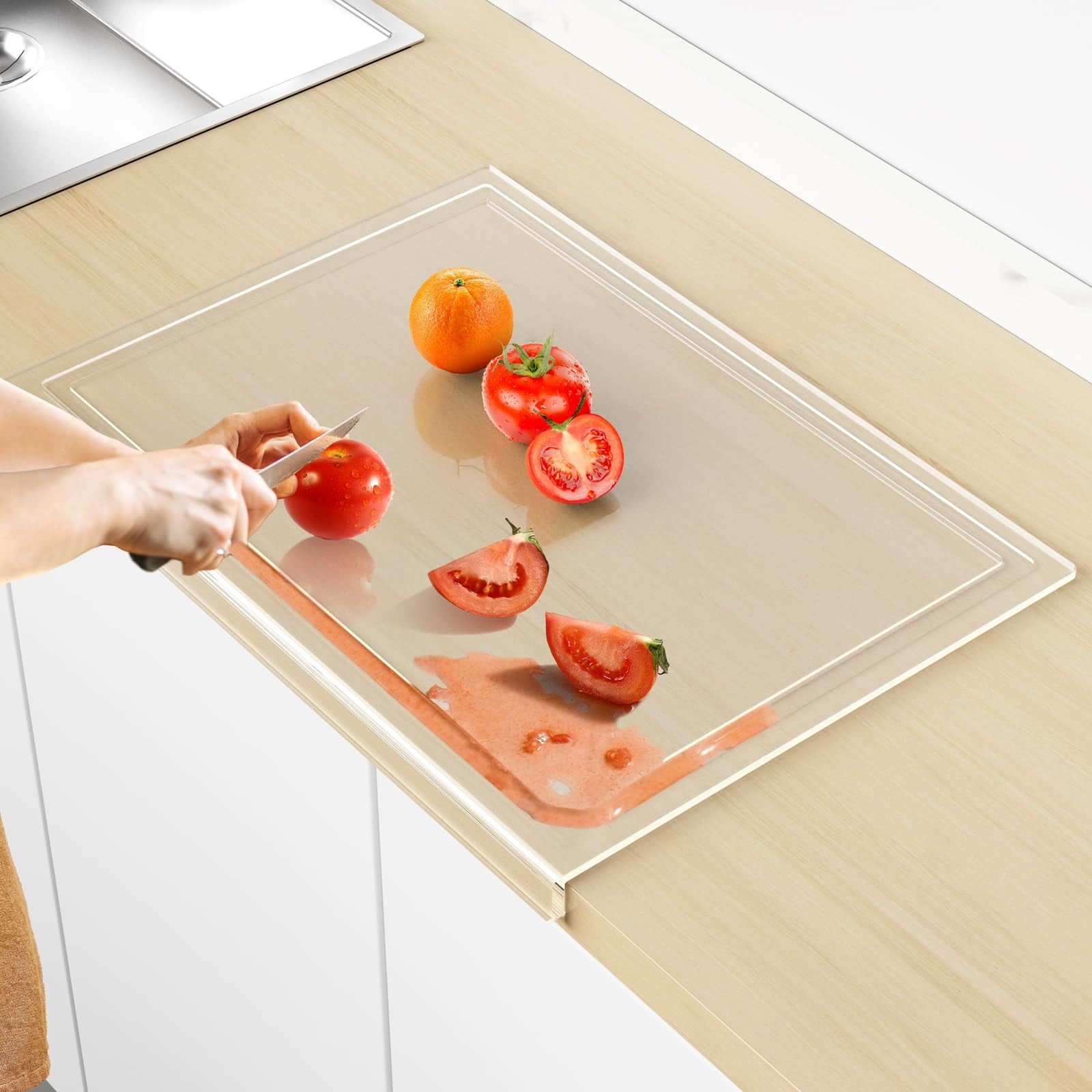 Acrylic Cutting Board with Counter Lip 17.5"x13.5" Non-Slip Thick Clear Kitchen Chopping Board Ideal for Bread Meat Vegetables Durable Essential Kitchen Tool
