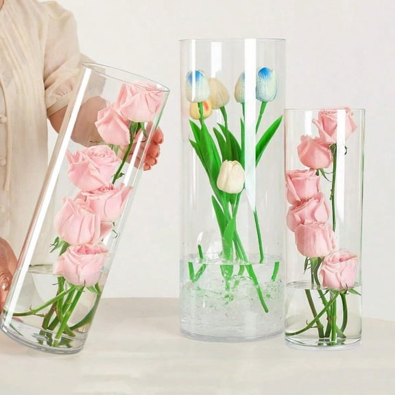 Acrylic Cylinder Clear Vases Tall Large Plastic Flower Vase for Bouquet Unbreakable Hurricane Vases Set of 3 for Centerpieces D 6 D 4.8 D 4 + 3 Holder