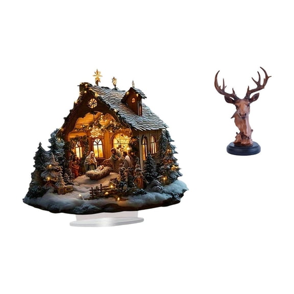 Acrylic Deer Head Figurine Standing Ornament Resin Base Decorative Tabletop Sculpture for Home Bookcase Party Display