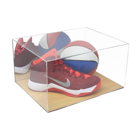 Acrylic Deluxe Display Case - Large Rectangle Box with Simulated Wood Floor and Mirror 15.25" x 12" x 9" (A025-MWB)