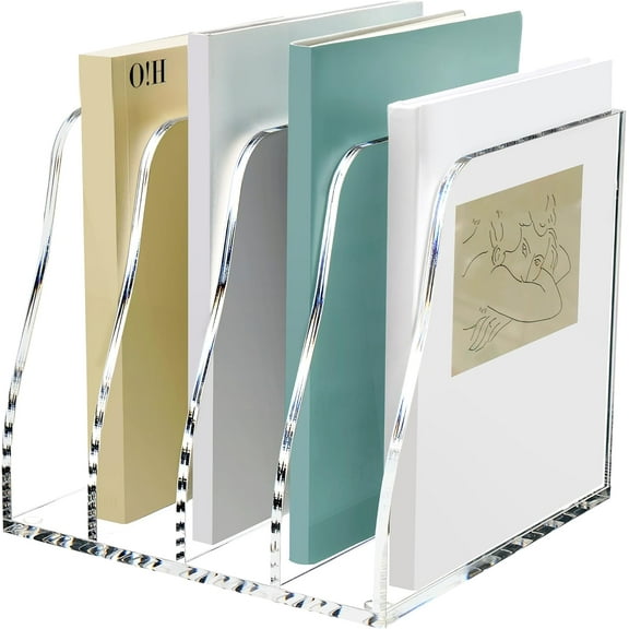 Acrylic Desk File Organizer, 4 Vertical Compartments Clear Magazine File Holder Workspace Sorters, Folder Rack for Office Accessories Organization Storage