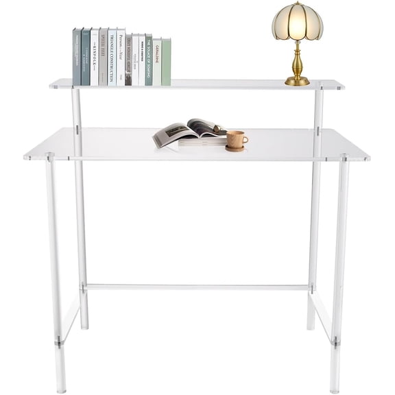 Acrylic Desk with Monitor Stand, Two-Tier Design Home Office Desks Computer Desk Writing Table, 31.5 x 19.69 x 34.65inches Clear Acrylic Desk for Living Room, Study Room, 88 lbs Capacity