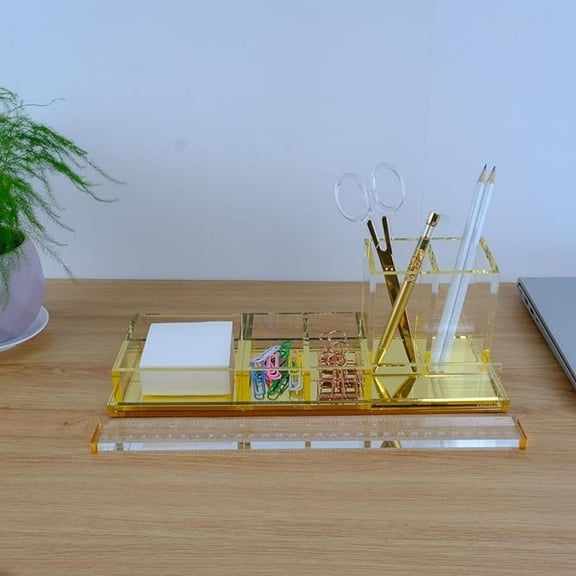 Acrylic Desk Organizer 4-Piece Desk Kit + Free Complimentary Acrylic Rr, Desktop Organization for Office or Home (Gold)