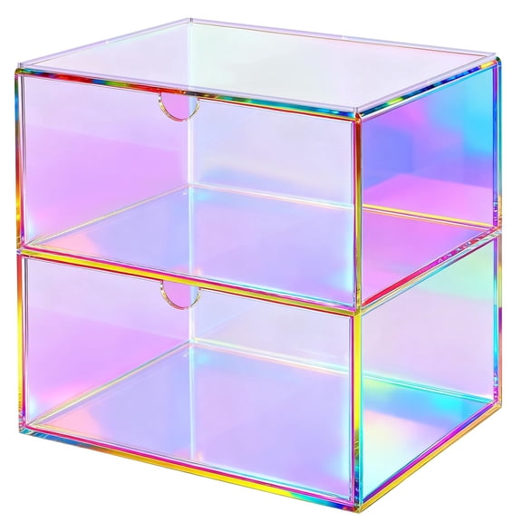 Acrylic Desk Organizer with Drawers Stackable Makeup Organizer for Vanity Office Countertop Cosmetic Display Cases Makeup Storage Box, Iridescent Rainbow