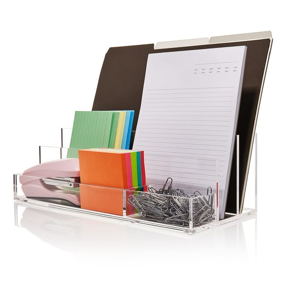 Acrylic Desk Organizer for Office Supplies and Desk Accessories, 12.5 x 5.5 x 4 and 5mm Acrylic Valet to Organize Documents, Files, Mail, Paper Clips, Sticky Notes, Tablet, Other Storage (Clear)