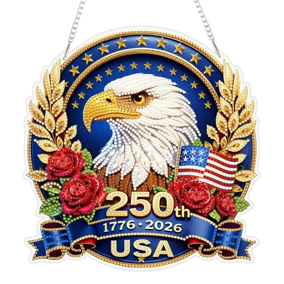Acrylic Diamond Art Hanging Kit for Adults 250th Anniversary USA, DIY Patriotic Diamonds Painting Door Hanger Board Kit, 4th of July Diamond Art Painting Pendant Ornament (Eagle)